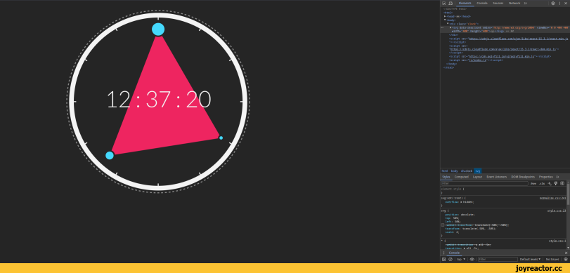 ﻿fi £□ | Elements Console Sources Network »	|	• X
<!DOCTYPE html>
<html>
► «head» <«•)</head»
▼ <body>
T<div class="clock">
•	► «svg data-reactroot xmlns="http://www.w3.org/svg/2000" viewBox="0 0 400 400"
width="400" height= 400">©</svg> *= $0
</div>
<script src="https://cdnjs.cloudflare