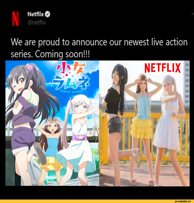 ﻿Netflix 0
@netflix
We are proud to announce our newest live action series. Coming soon!!!,Anime,RDR, Reshotka Democratic Republic,фэндомы