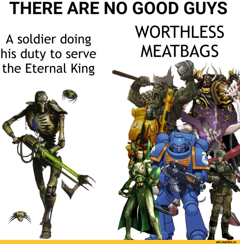 ﻿THERE ARE NO GOOD GUYS
A soldier doing his duty to serve the Eternal King
WORTHLESS
MEATBAGS,Wh Other,Warhammer 40000,wh40k, warhammer 40k, ваха, сорокотысячник,фэндомы,Necrons,Imperium,Империум,Aeldari,Эльдари,Chaos (Wh 40000),Orks,Orcs, Орки,Tau Empire,Tau, Тау,Tyranids,Тираниды