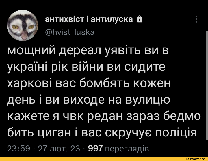 ﻿антихвют \ антилуска в
(аЬмэЫизка
мощний дереал уяв1ть ви в украТьп рк вшни ви сидите харков1 вас бомбять кожей день I ви виходе на вулицю кажете я чвк редан зараз бедмо бить циган I вас скручуе полщт
23:59 • 27 лют. 23 • 997 переглядю,Моя Україна,фэндомы,твитер,интернет,В свете последних