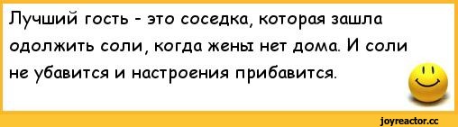 ﻿Лучший гость - это соседка, которая зашла одолжить соли, когда жены нет дома. И соли не убавится и настроения прибавится.,анекдоты,пошлые анекдоты