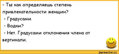 ﻿- Ты как определяешь степень	
привлекательности женщин?	
- Градусами.	
- Водки?	
- Нет. Г радусами отклонения члена от	
вертикали.	1 1,анекдоты,пошлые анекдоты