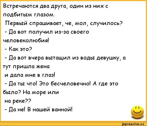 ﻿Встречаются два друга, один из них с подбитым глазом.
Первый спрашивает, че, мол, случилось?
-	Да вот получил из-за своего человеколюбия!
-	Как это?
-	Да вот вчера вытащил из воды девушку, а тут пришла жена
и дала мне в глаз!
-	Да ты что! Это бесчеловечно! А где это было? На море или
на