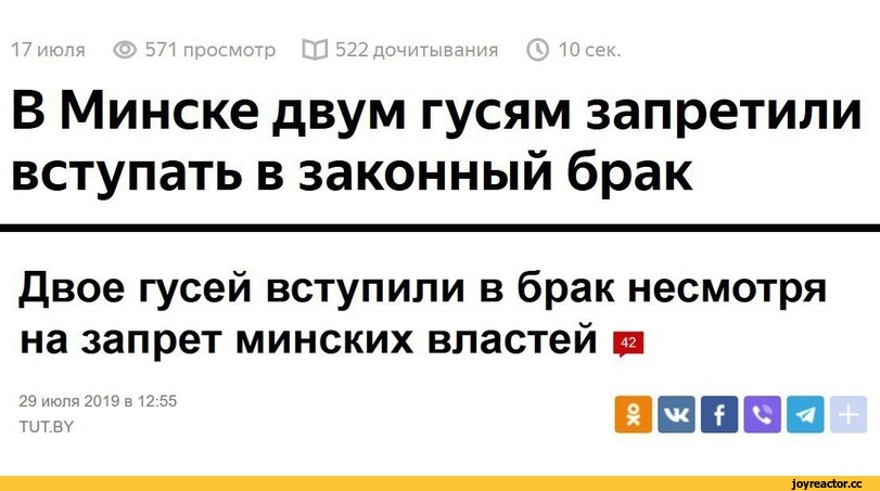 ﻿17 июля <3> 571 просмотр СР 522 дочитывания О 10 сек.
В Минске двум гусям запретили вступать в законный брак
Двое гусей вступили в брак несмотря на запрет минских властей р
□□□□□
29 июля 2019 в 12:55
тит.ву,гуси,Беларусь,страны,новости