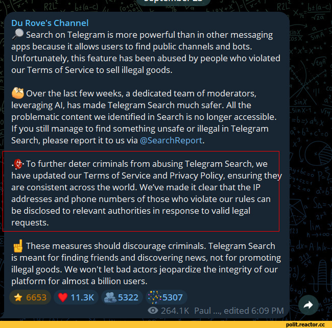 ﻿Du Rove's Channel
® Search on Telegram is more powerful than in other messaging apps because it allows users to find public channels and bots. Unfortunately, this feature has been abused by people who violated our Terms of Service to sell illegal goods.
Over the last few weeks, a dedicated team