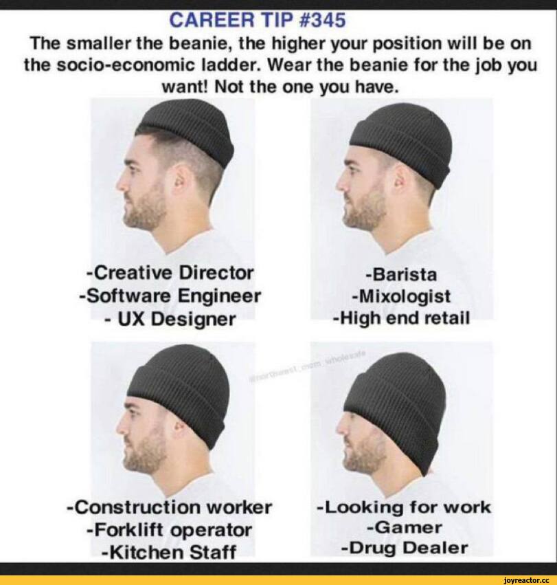 ﻿CAREER TIP #345
The smaller the beanie, the higher your position will be on the socio-economic ladder. Wear the beanie for the job you want! Not the one you have.
-Creative Director -Software Engineer - UX Designer
-Construction worker -Forklift operator -Kitchen Staff

-Barista -Mixologist